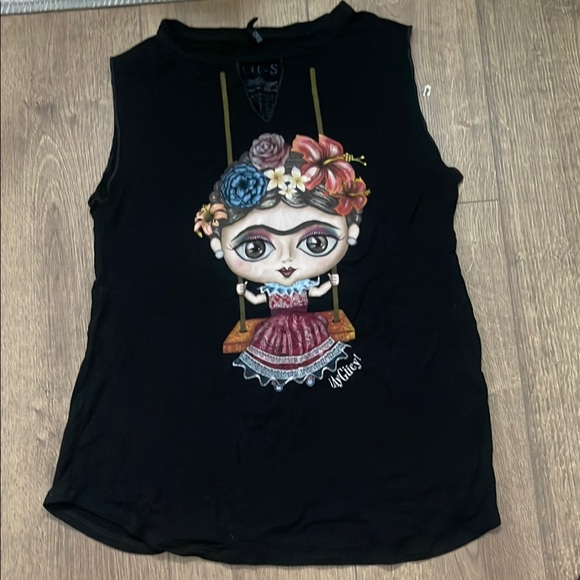 Black Muscle Tee with Cartoon Character Design - Picture 1 of 4